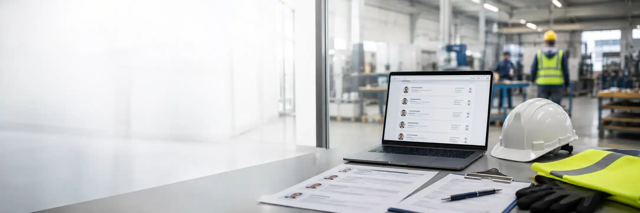 Laptop met kandidaatprofielen en veiligheidsuitrusting voor rekrutering van arbeiders met eigen opvolging